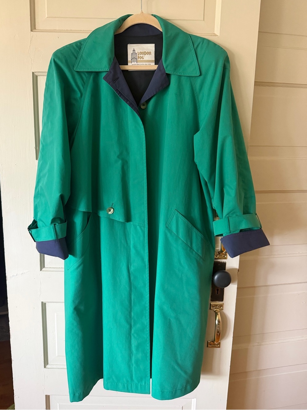 London Fog Teal-Green Trench Coat with Navy Trim